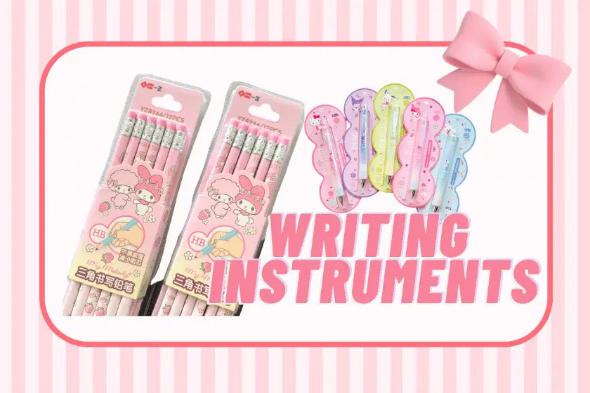  A collection cover of "Writing Instruments", shows products featuring My Melody and other Sanrio characters.. 
