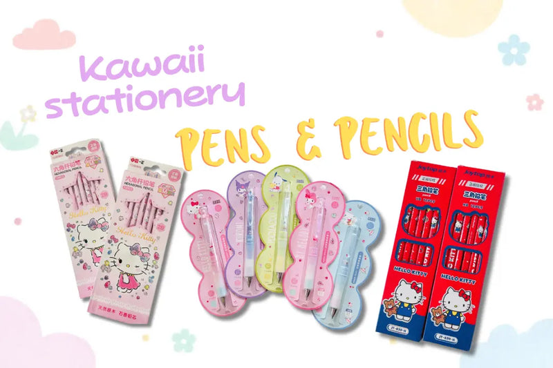  A collection cover of "Kawaii Stationery Pens & Pencils", shows products featuring Hello Kitty and other Sanrio characters.. 