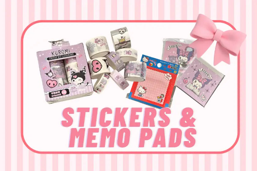 A cover image of Kawaii stationery "Stickers & Memo" collection, showing Kuromi washi stickers, pencils bags.