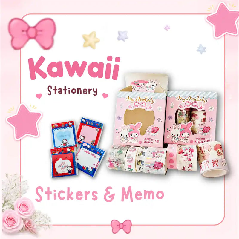 Kawaii stationery collection cover with stickers, memos, My Melody tape rolls, and Hello Kitty memo pads.