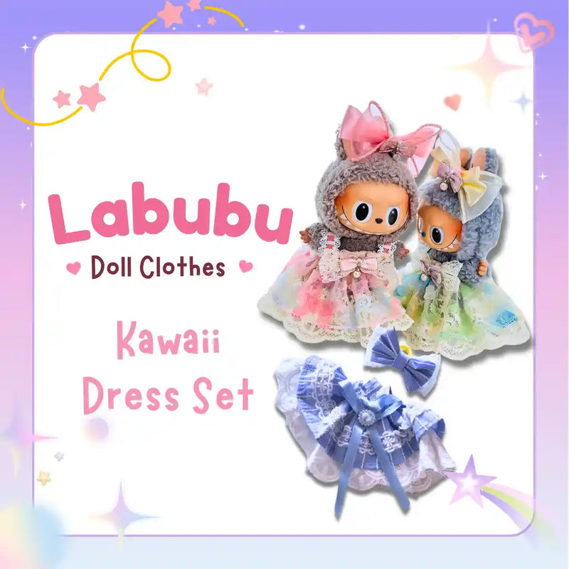 Labubu kawaii dress set collection cover showing two dolls in different outfits.