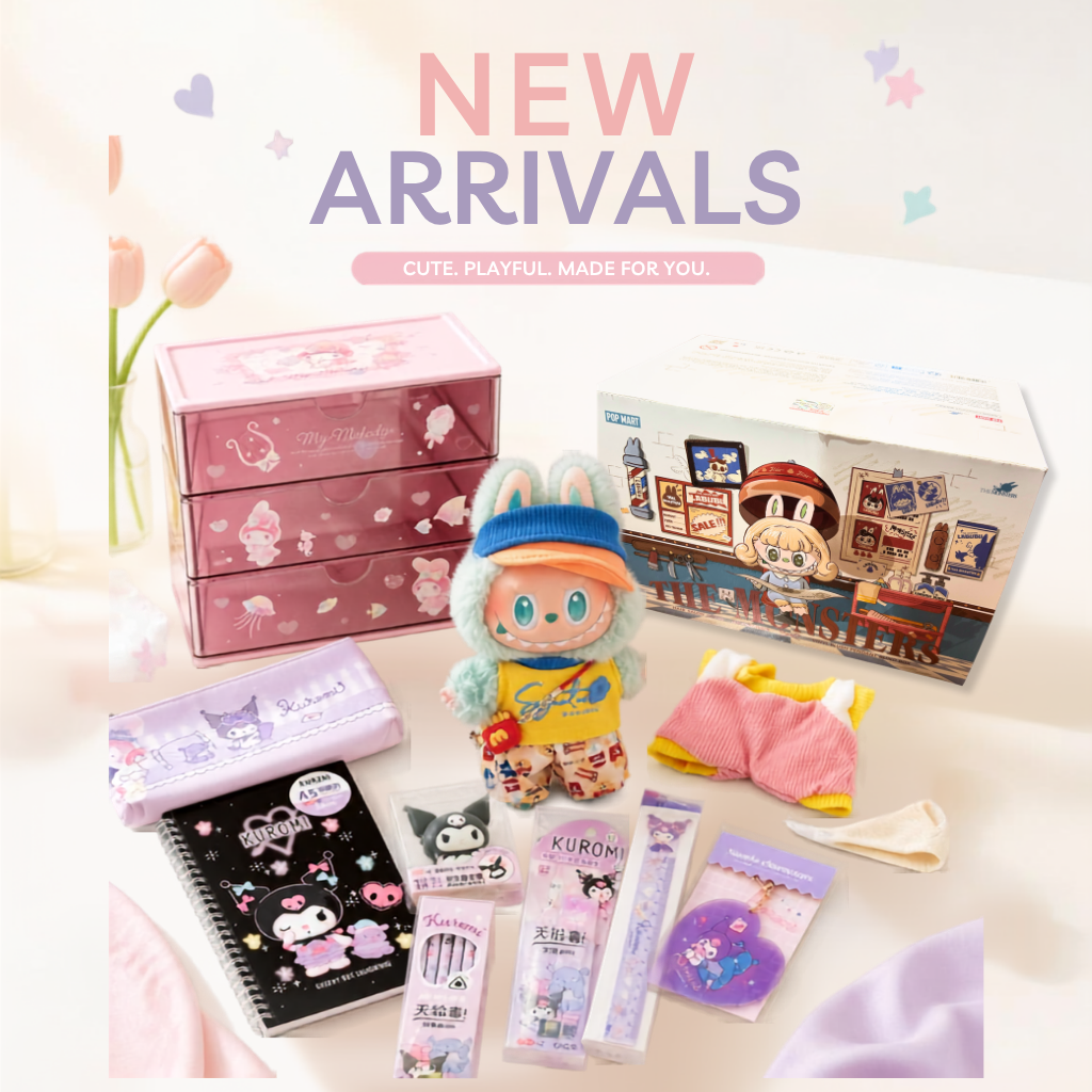 New arrivals display of kawaii collectibles including Labubu doll outfits, Pop Mart plush pendants, and Sanrio stationery at NanaPop Boutique