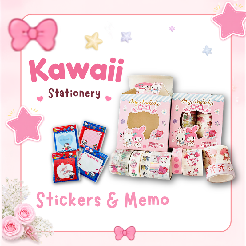 Kawaii stationery collection cover with stickers, memos, My Melody tape rolls, and Hello Kitty memo pads.
