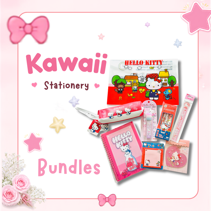 Kawaii stationery bundles collection cover featuring Hello Kitty pencil case, document bag, notebook, gel pens, ruler, and keychain.