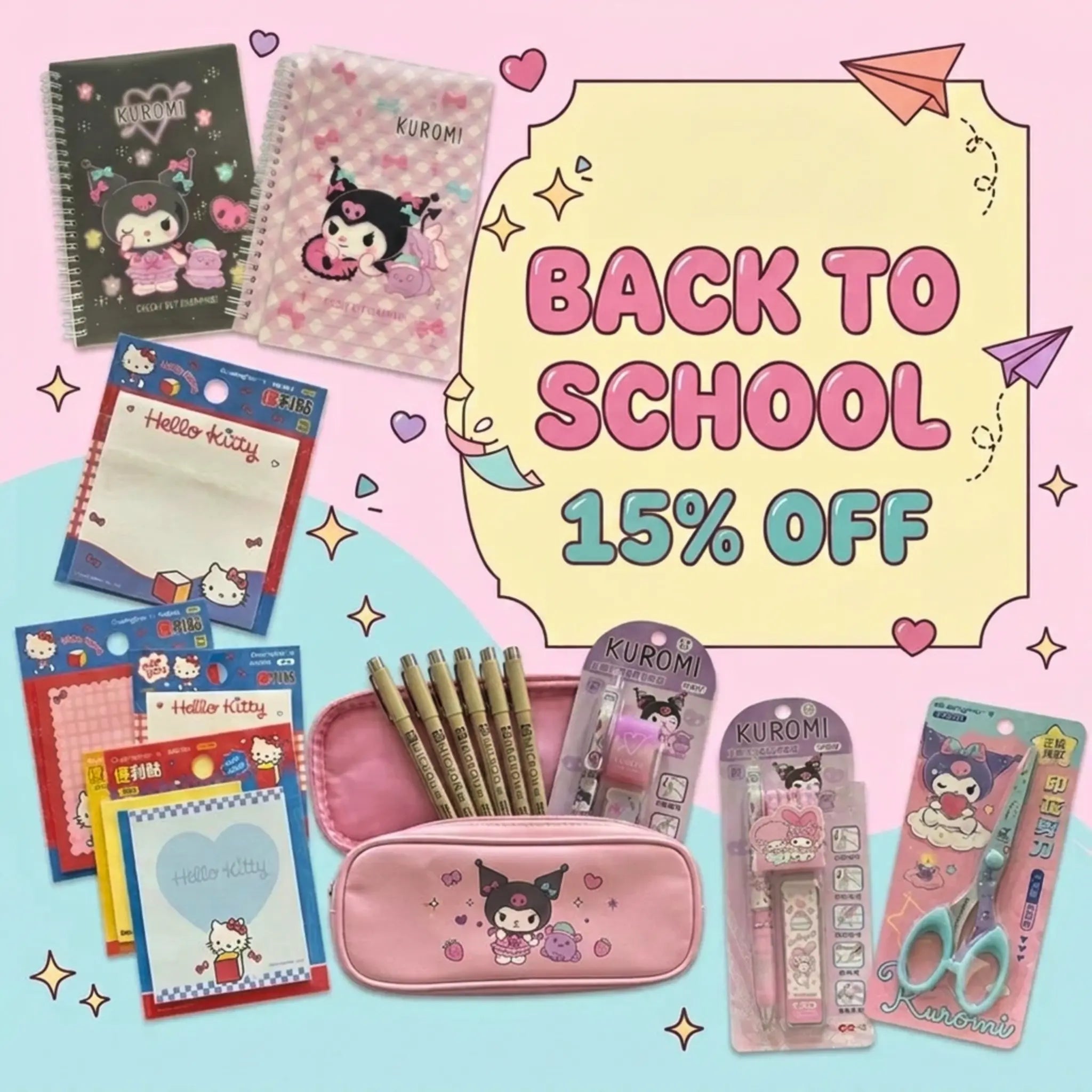 For kawaii stationery collection, shows back to school and 15% off with products' images.
