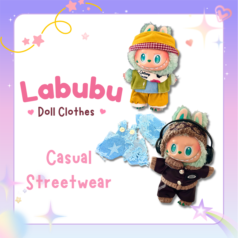 Labubu casual streetwear collection cover showing two dolls in different outfits.