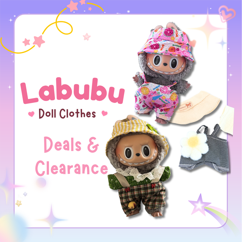 Labubu clothes deals and clearance collection cover showing two dolls in assorted outfits.