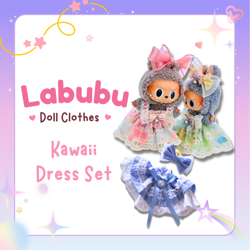 Labubu kawaii dress set collection cover showing two dolls in different outfits.