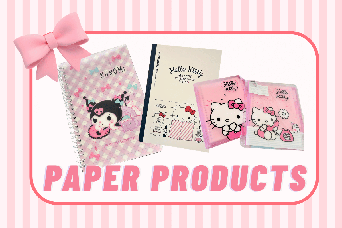 A cover image for "Paper Products" collection, showings a few Sanrio notebooks and memo pads. 