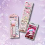 Three pink My Melody stationery items in retail packaging on a pastel lavender background: a pen, a set of three pencils, and a small eraser.