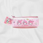 A pink My Melody pencil case with a matching hanging tag, displayed on a white fabric background.