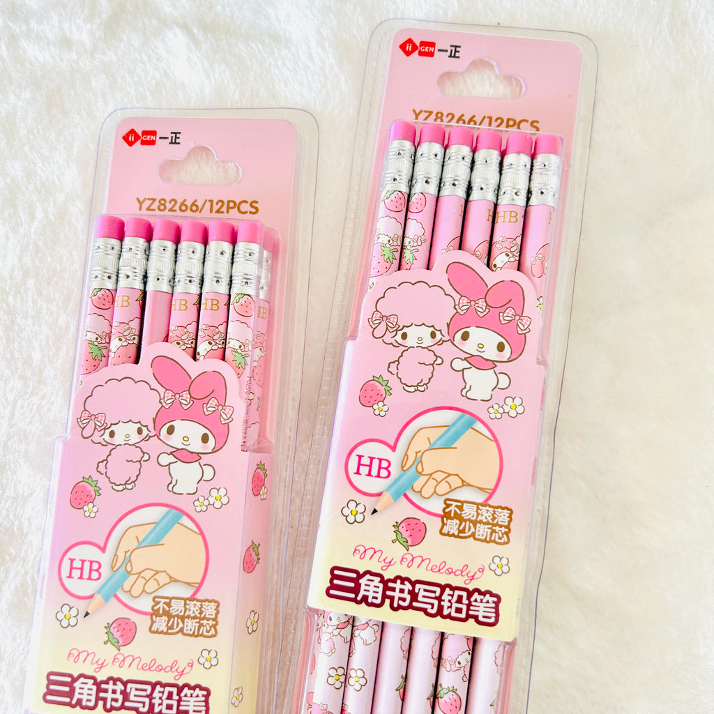 Two packages of Sanrio My Melody HB pencils in pink packaging, displayed on a soft white textured background.
