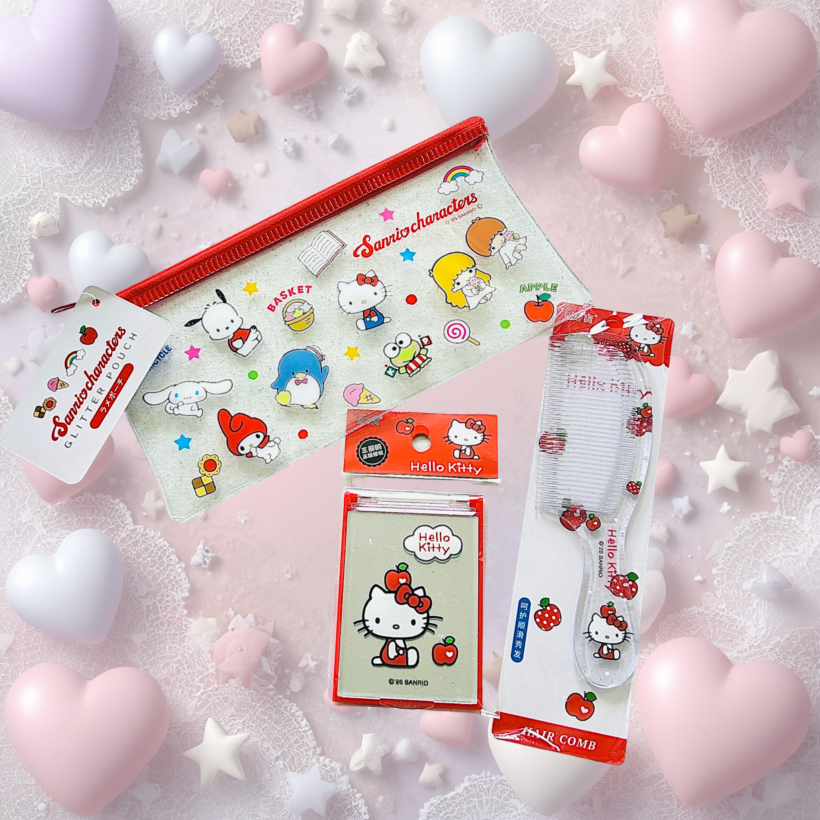 A Sanrio Hello Kitty themed stationery and personal care set. Includes a zip pouch with Hello Kitty compact mirror and a comb. 