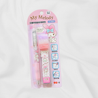A Sanrio My Melody 0.5 mm gel pen and matching eraser set in its original pink blister packaging, displayed against a white fabric background.