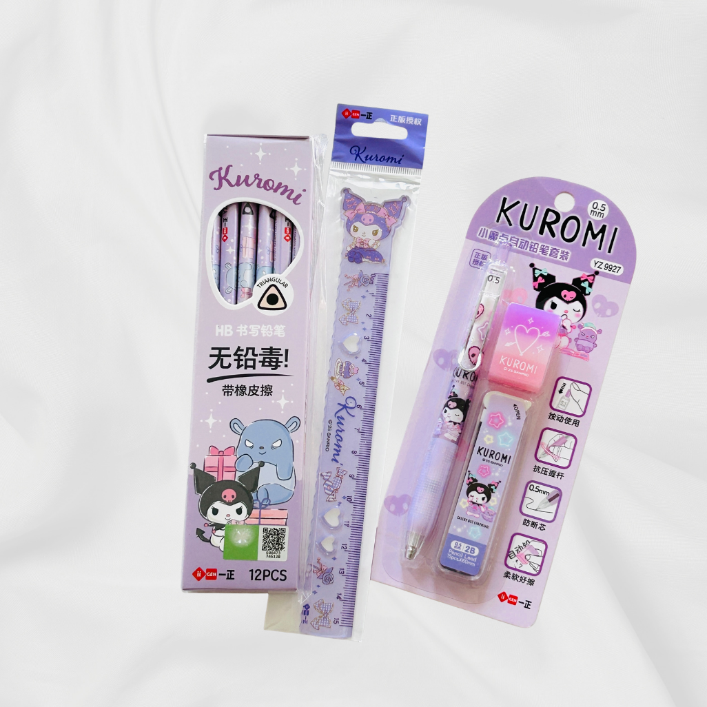 Kuromi-themed stationery set including a 12-piece pencil case, a purple ruler, and a pink retractable pen, all featuring Kuromi character designs on a white background.