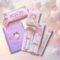 A collection of Sanrio My Melody stationery items arranged on a pastel pink background with decorative stars and hearts. The set includes a pink zip pouch, a purple spiral notebook, a small My Melody figure in packaging, a pink pen, a pencil pack, and a small accessory in a heart-patterned sleeve.