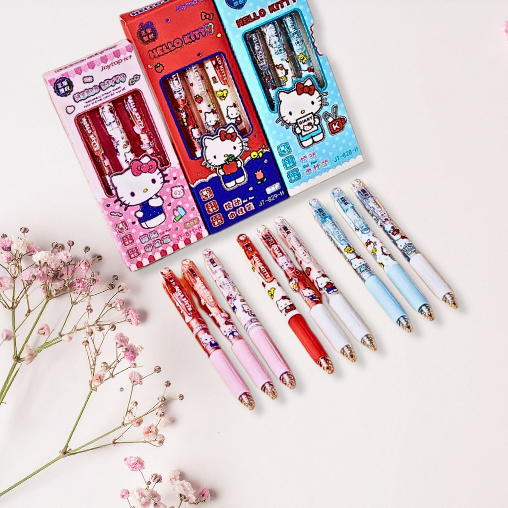 Three Hello Kitty gel pen sets in pink, red, and blue packaging, with six matching pens arranged below on a white background with small pink flowers.