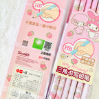 Sanrio My Melody HB pencil case with pink strawberry and character designs, showing the front cover, side window, and the back label with Chinese text and product details.