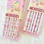 Two packages of pink strawberry-themed HB pencil erasers on a white textured background. The packages feature cute illustrations of a pink character with a strawberry hat, flowers, and strawberries, with Chinese text and 'My Melody' branding.
