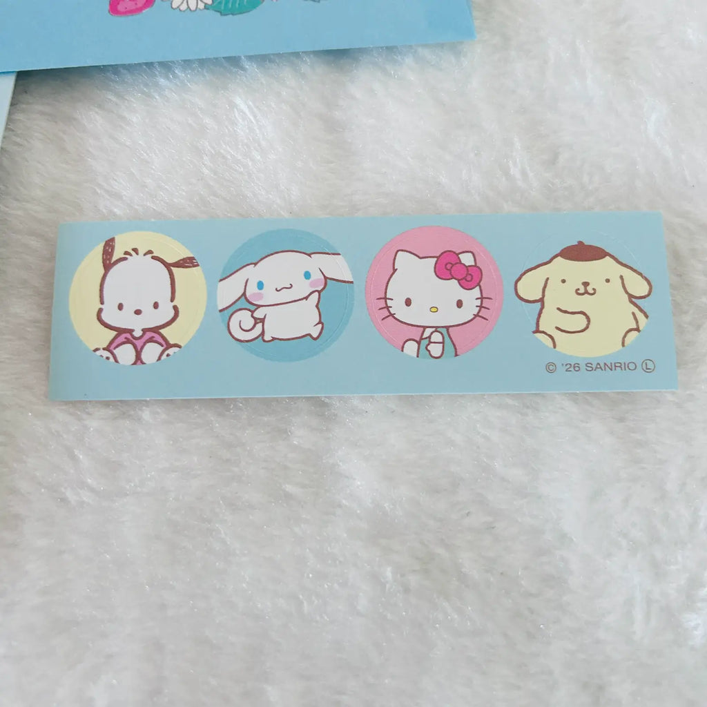 A light blue sticker strip featuring Sanrio characters including Cinnamoroll, Hello Kitty, and Pompompurin on a white faux fur background.