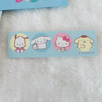 A light blue sticker strip featuring Sanrio characters including Cinnamoroll, Hello Kitty, and Pompompurin on a white faux fur background.