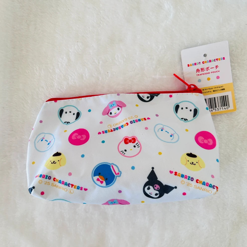 A white zippered pouch decorated with colorful Sanrio character prints, including Hello Kitty, Pompompurin, and Sanrio characters, resting on a white textured fabric background.