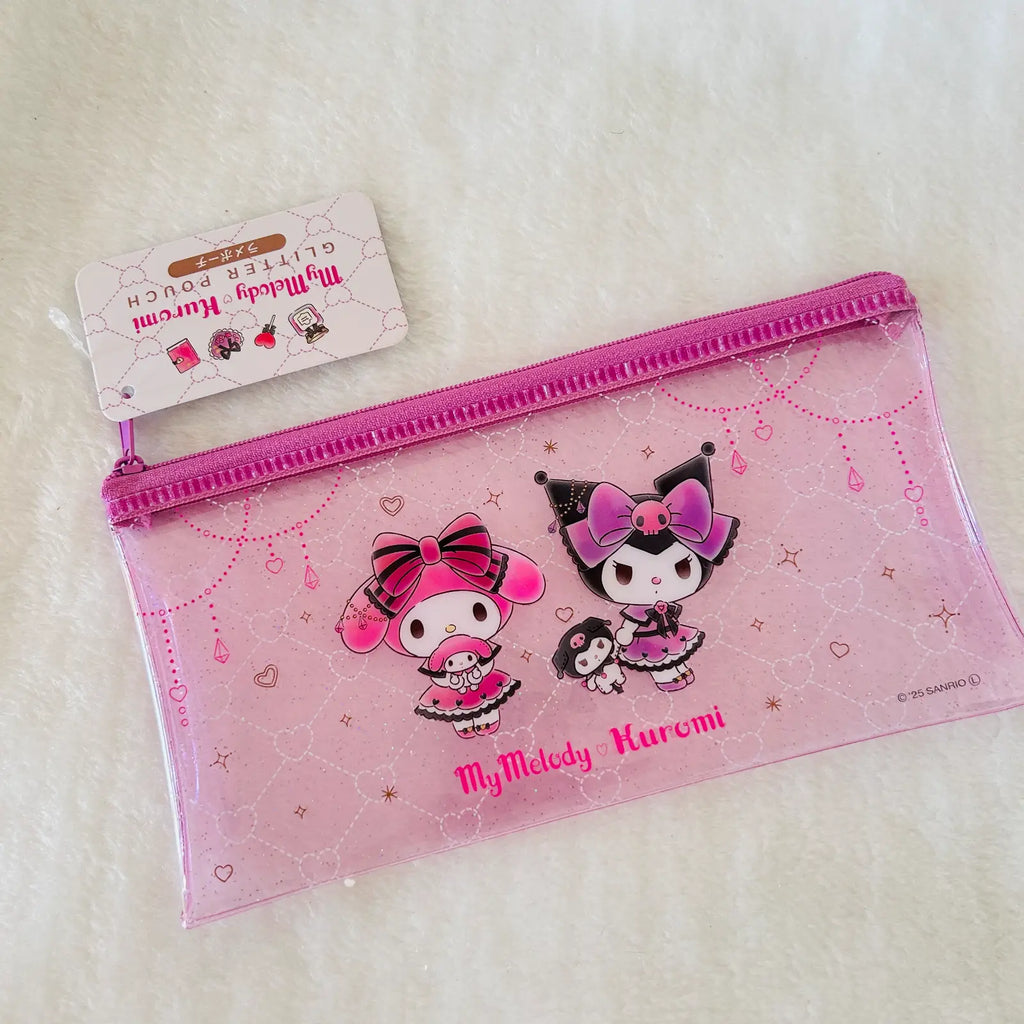 A pink translucent plastic zipper pouch featuring cartoon characters My Melody and Kuromi, with a matching pink zipper and a small attached product tag.