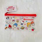 A clear plastic zippered pencil pouch with a red zipper, decorated with colorful Sanrio character illustrations including Hello Kitty, My Melody, Little Twin Stars, and Keroppi.  