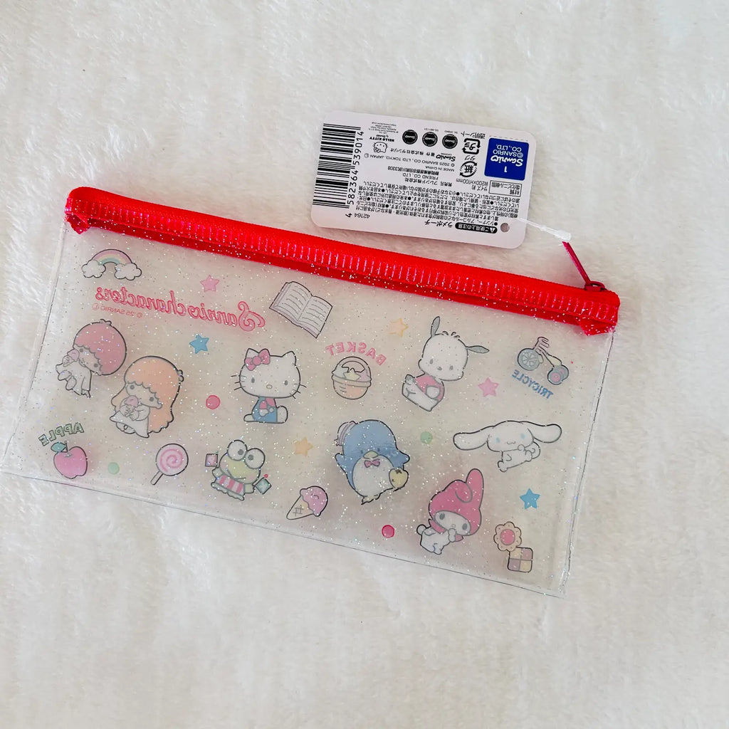 A clear plastic pencil pouch with a bright red zipper, decorated with cute Sanrio character illustrations and small glitter flecks.  