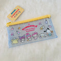 A Sanrio character pencil pouch with a yellow zipper, featuring Cinnamoroll, My Melody, and Sanrio characters on a light blue grid background, shown on a white textured background with its yellow tag.