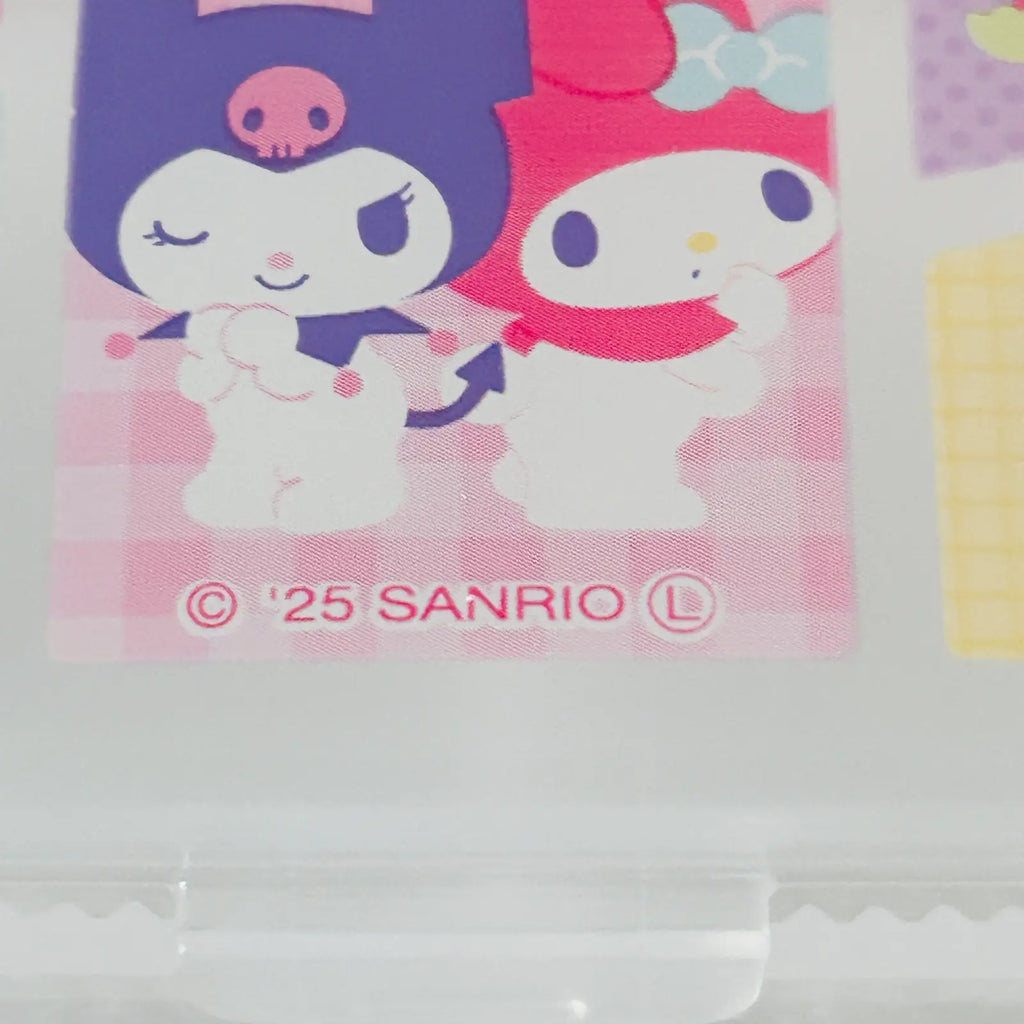 A close-up of a Sanrio character sticker or card featuring Kuromi and My Melody on a pink checkered background, with '© 25 SANRIO' printed below.