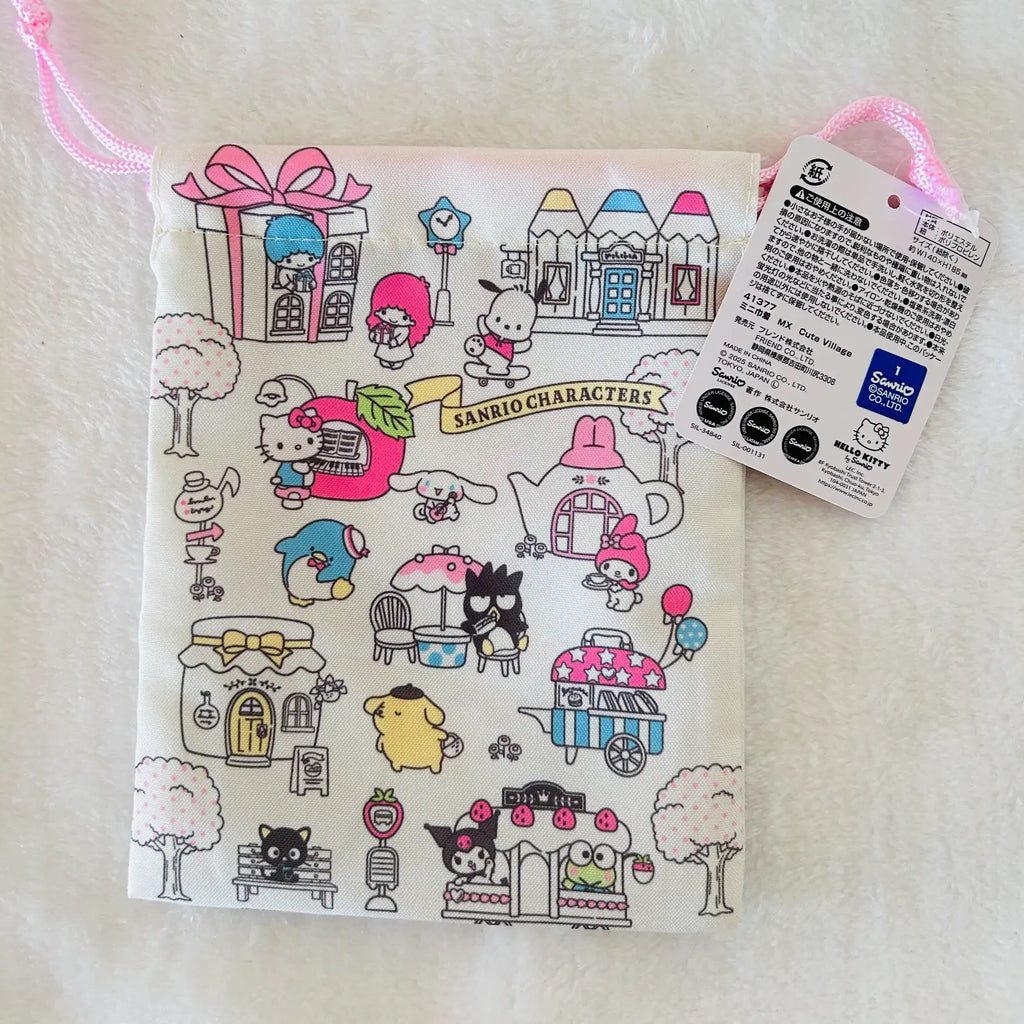 A Sanrio character print drawstring pouch with a white background and pink ribbon, featuring illustrations of Hello Kitty, My Melody, Cinnamoroll, Kuromi, and other Sanrio characters, with a product tag attached.
