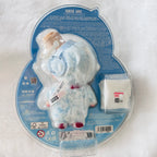 A packaged Dimoo Snowmanplush toy in a clear blister pack on a blue backing card. 