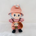 A Labubu plush doll wearing a dusty coral bucket hat, red-and-white striped shirt, dusty coral overalls, and black boots.