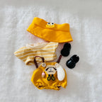 A Labubu plush clothing set including a yellow outfit with a striped shirt, brown suspenders, black boots, and a yellow bucket hat.