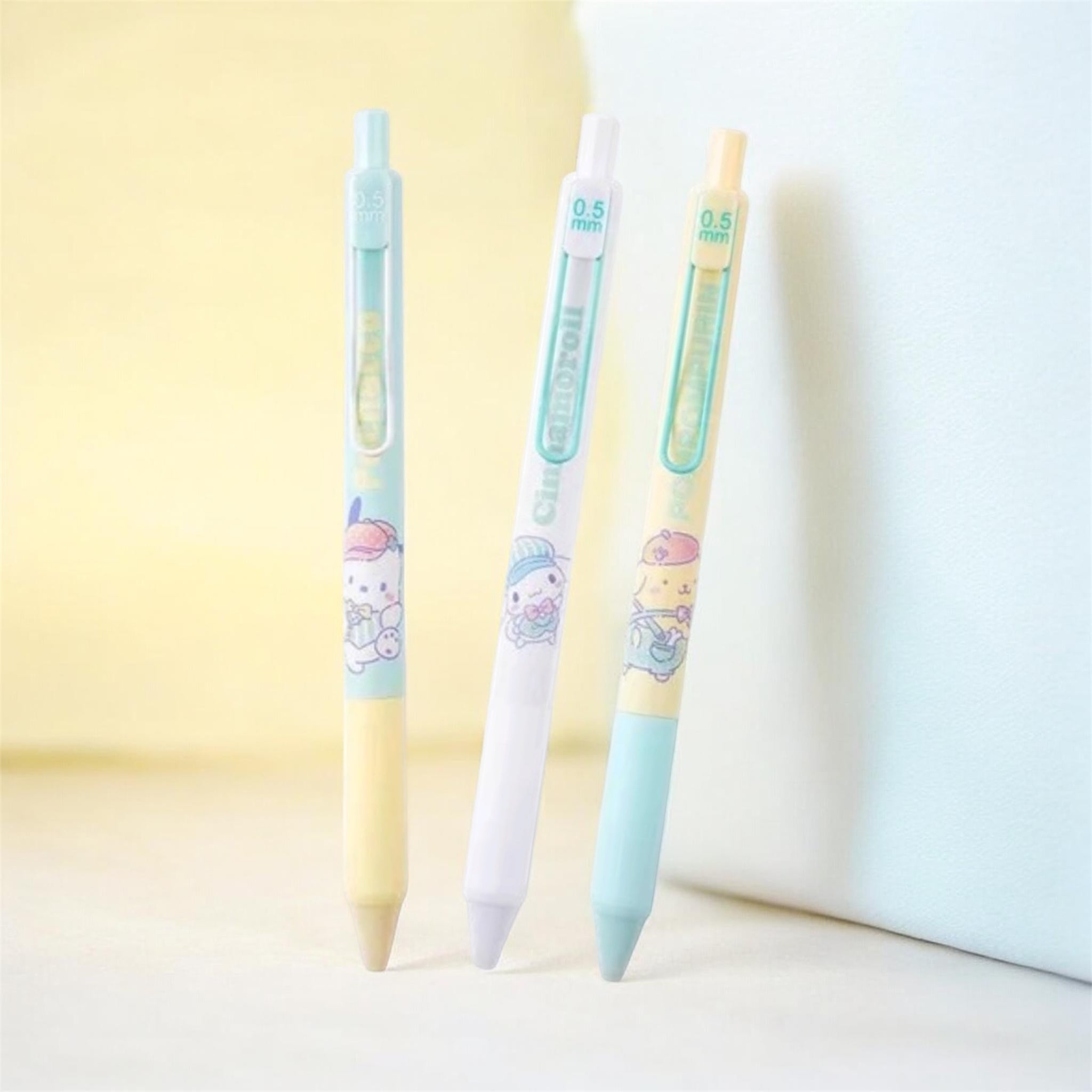 Sanrio / GuangBo 3-pcs pastel-colored gel pens. Pens  feature Sanrio characters and in 3 colors: light blue, yellow, and mint green.