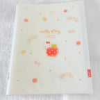 A translucent white plastic file folder featuring Hello Kitty designs, including a central apple illustration, 'Hello Kitty' text, small hearts, bows, and apples.