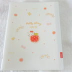 A white plastic file folder featuring Hello Kitty and apple-themed illustrations, including a central Hello Kitty apple graphic, scattered small hearts, bows, and banners.