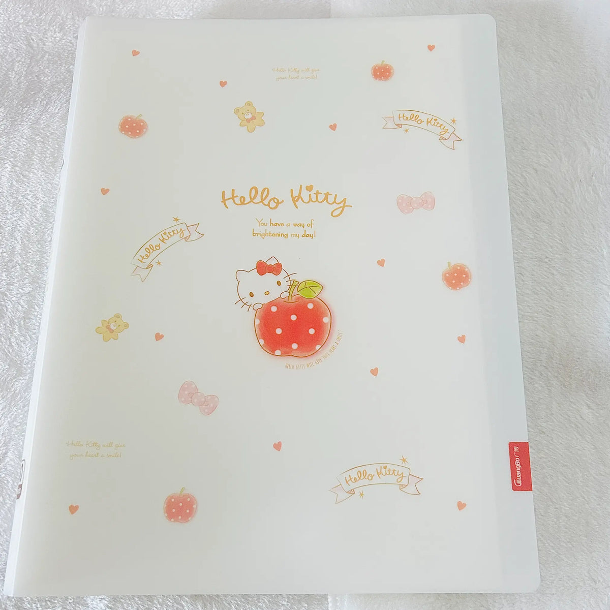 A white plastic file folder featuring Hello Kitty and apple-themed illustrations, including a central Hello Kitty apple graphic, scattered small hearts, bows, and banners.