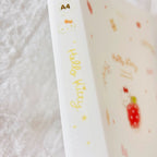 The spine of a clear book written in text of "Hello Kitty", "A4" and a illustration of a Hello Kitty's head.