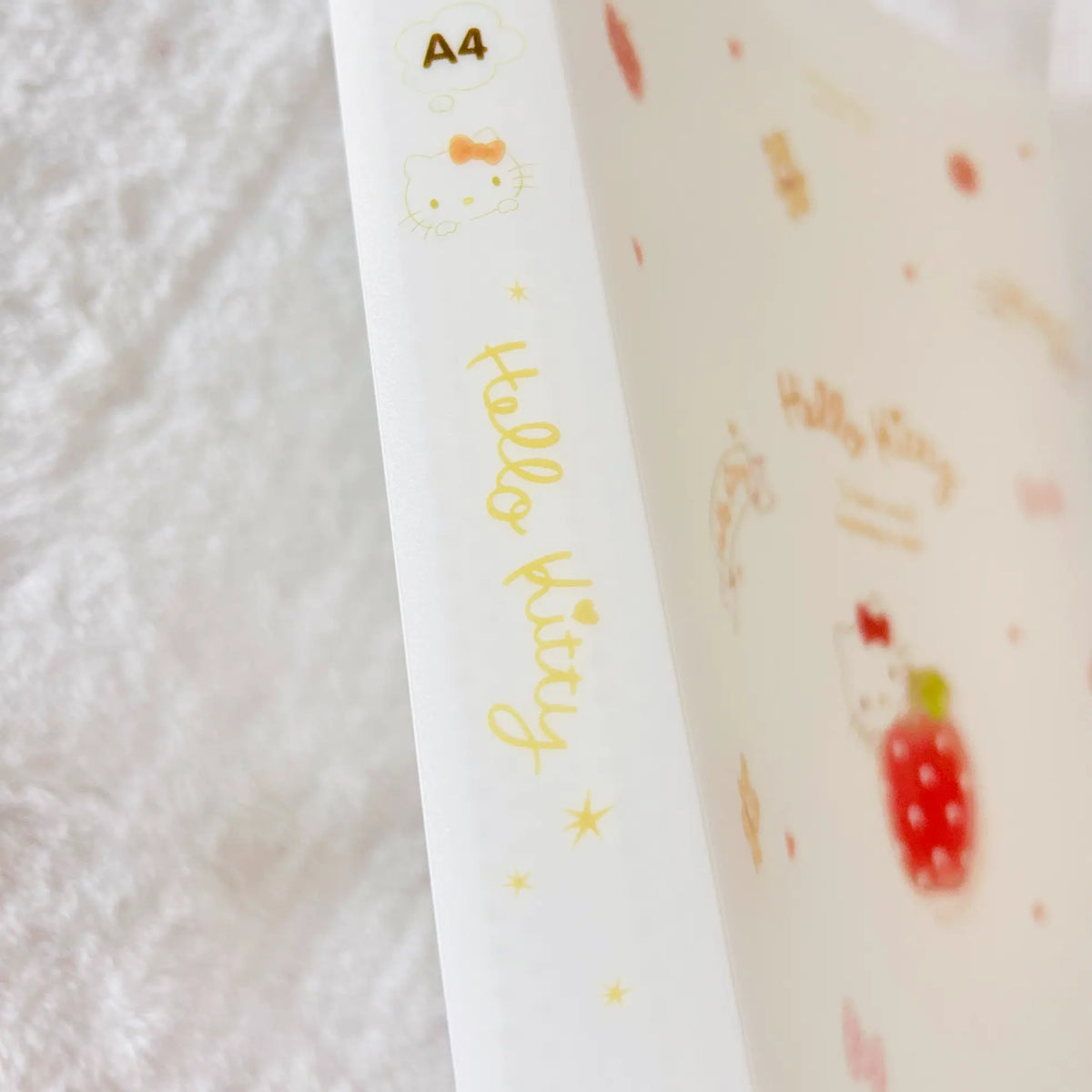 The spine of a clear book written in text of "Hello Kitty", "A4" and a illustration of a Hello Kitty's head.