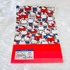 A clear plastic file folder with a white background covered in a repeating Hello Kitty pattern in red, blue, and black, featuring a solid red bottom band and a product label at the bottom left.