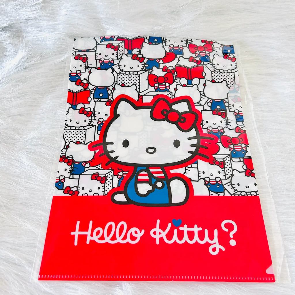 A clear plastic file folder featuring a Hello Kitty pattern with a large red and white Hello Kitty character on the front and a red bottom band reading 'Hello Kitty?' in white script.