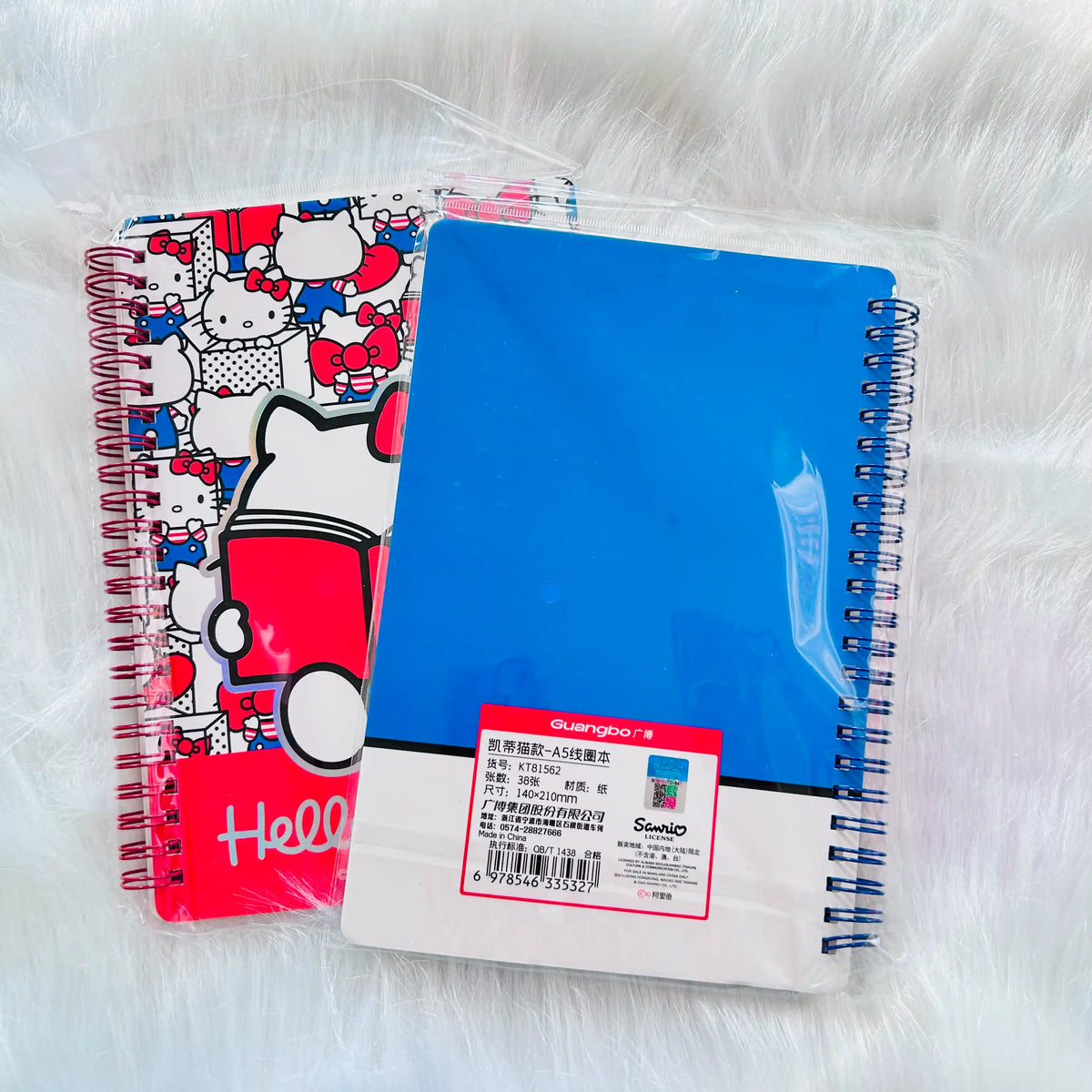 Two spiral-bound notebooks in plastic packaging, one blue and one red Hello Kitty patterned.