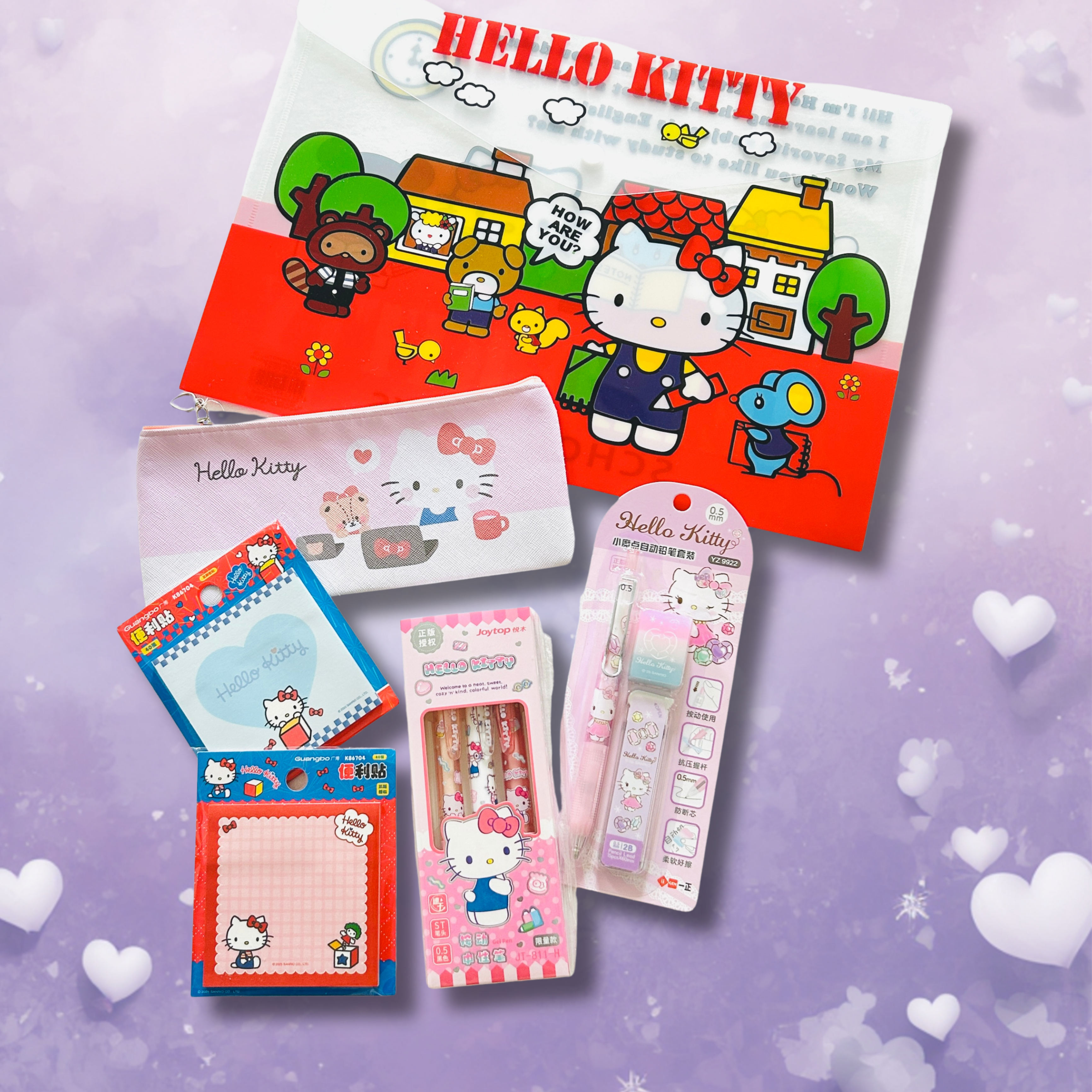 A Hello Kitty stationery set ncludes a large illustrated pouch, a smaller pouch, a notepad, a pen, and a highlighter, all featuring Hello Kitty and Sanrio character artwork.