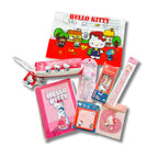 A Hello Kitty stationery and gift set. Includes a large pink notebook, a red-and-white document bag, a pink pencil case, a pack of pens, a notepad, etc.
