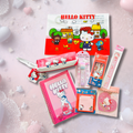 A Hello Kitty stationery and gift set. Includes a large pink notebook, a red-and-white document bag, a pink pencil case, a pack of pens, a notepad, etc.