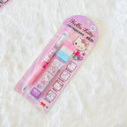 Hello Kitty 0.5mm mechanical pencil with an eraser in its original pink blister packaging, displayed on a white textured fabric background.