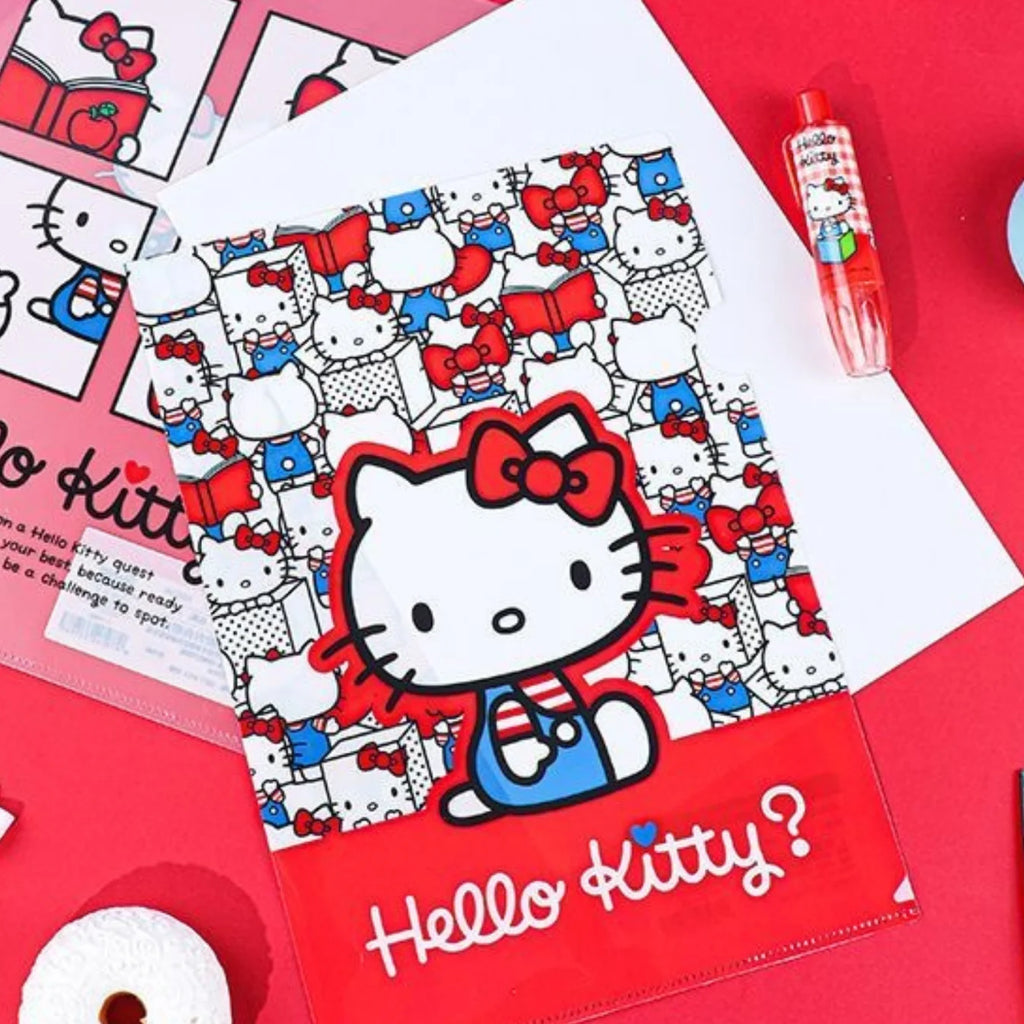 A Hello Kitty themed file folder or notebook cover featuring a large red bow Hello Kitty character on a white and red patterned background, with 'Hello Kitty?' printed in white script on a red band at the bottom.  