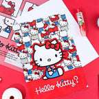 A Hello Kitty themed file folder or notebook cover featuring a large red bow Hello Kitty character on a white and red patterned background, with 'Hello Kitty?' printed in white script on a red band at the bottom.  